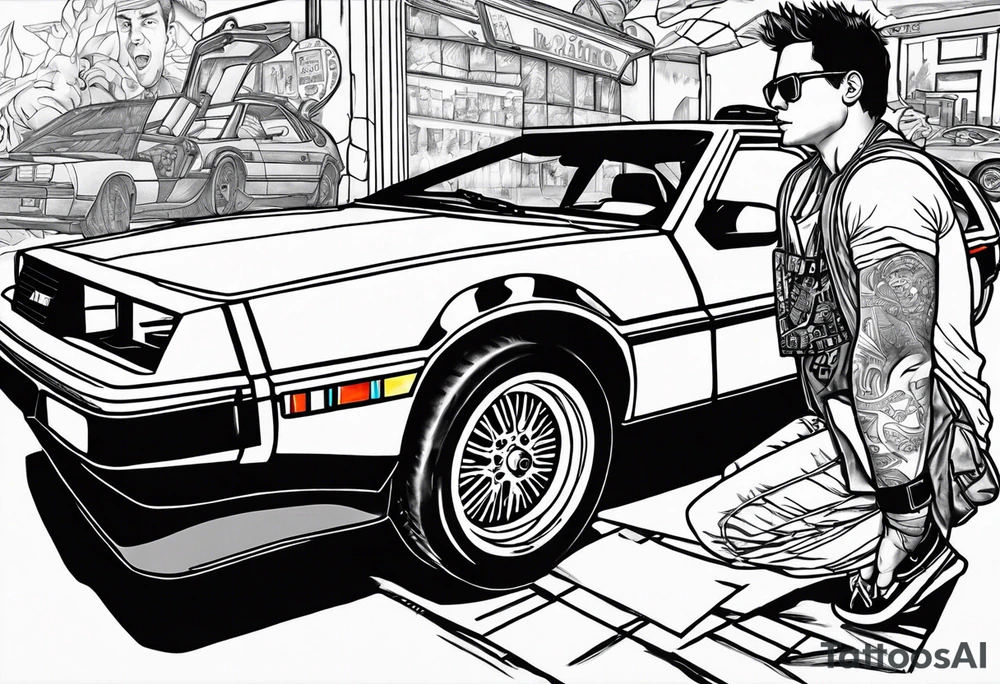 Tyler Dryden getting out of back to the future car, fight club movie, the matrix movie numbers on the background tattoo idea