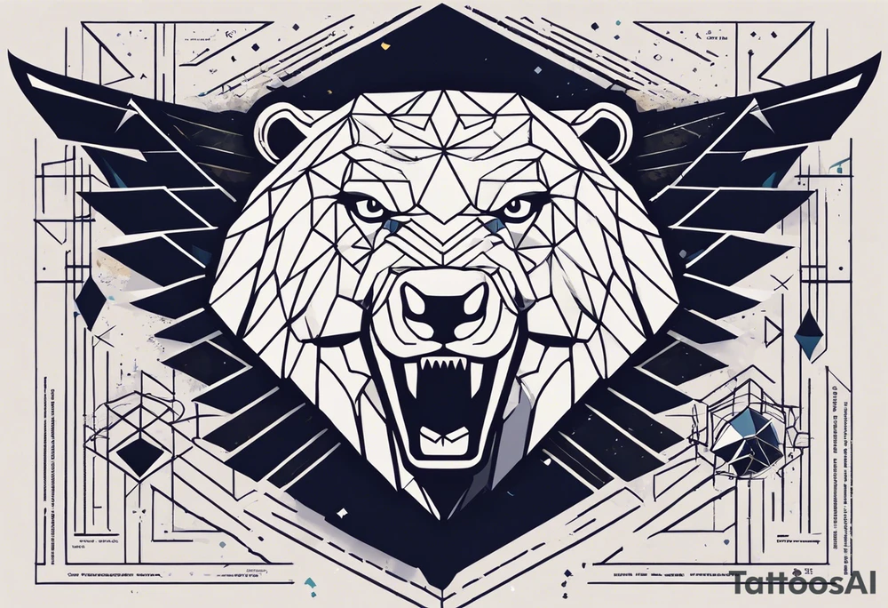Words: Courage, determination, patience, focus, resilience. Image: Geometric eagle face, bull and bear faces divided by the financial market dump and pump. Graphics, symbols of intelligence interconnected with books and studies that represent the search for knowledge as a person guided by humanity and human philosophy. Image for the right arm and right forearm. Use geometric shapes and lines to connect images. all imagens unity tattoo idea