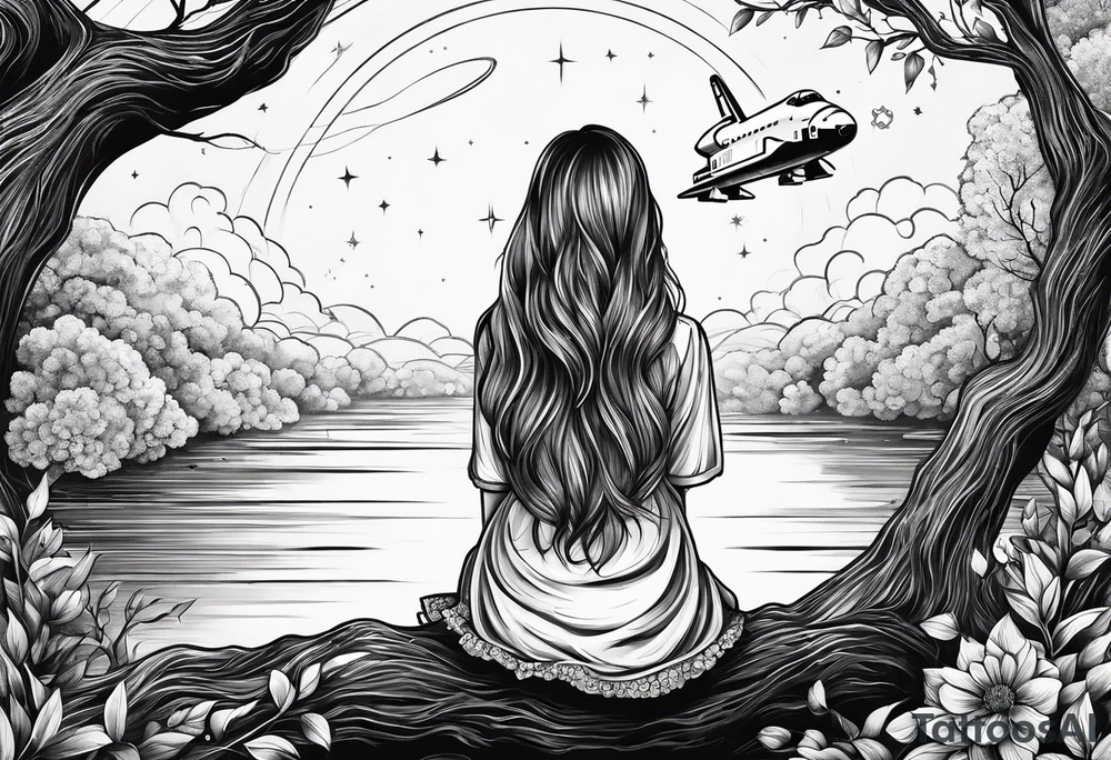 back of small girl in dress with long hair sitting on a tree branch watching a space shuttle launch in the distance tattoo idea
