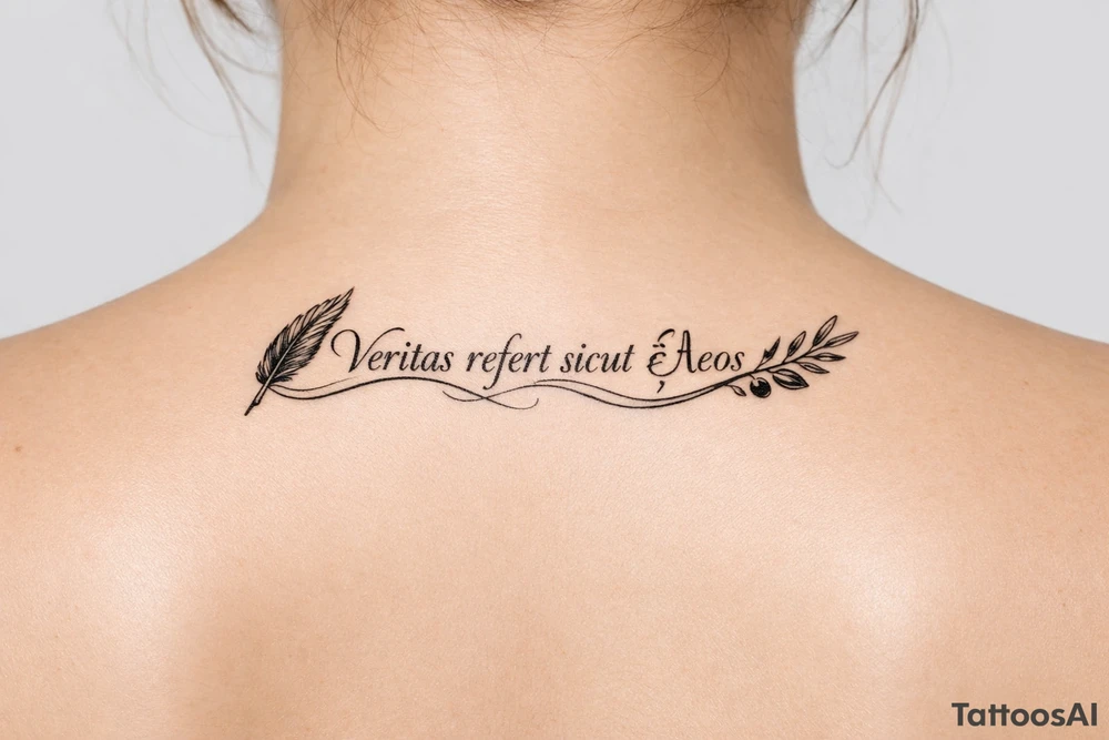 Veritas refert sicut ἔλεος on mid right back with a delicate but clear quill at the beginning and an olive branch at the end and there should be Elegant curvature as a vibe tattoo idea