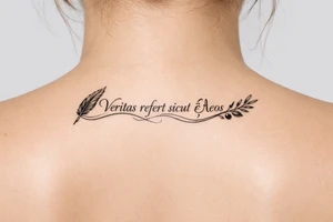 Veritas refert sicut ἔλεος on mid right back with a delicate but clear quill at the beginning and an olive branch at the end and there should be Elegant curvature as a vibe tattoo idea