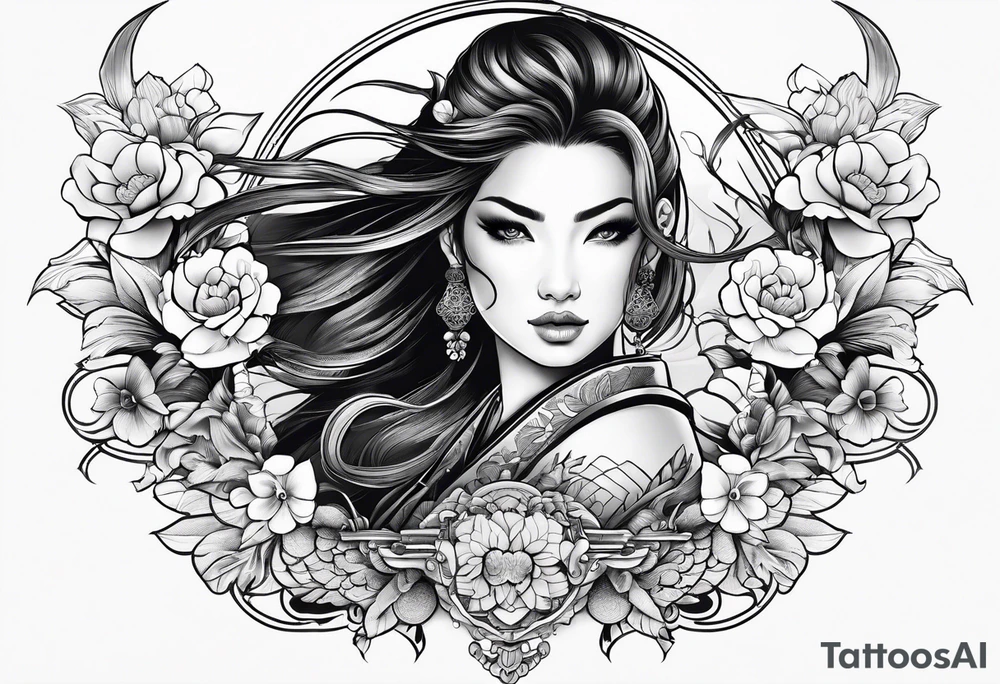 ornate beautiful woman warrior floral  tattoo tattoo idea
