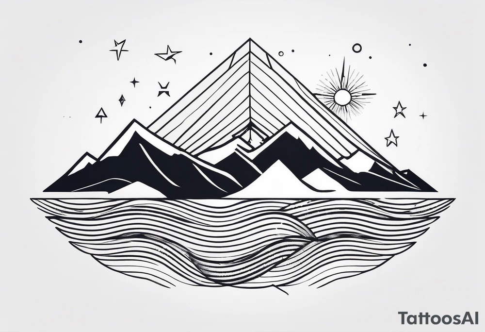 Mountain Massif, one Peak, only peak surrounded woth semi circle dashed Line, in semi circle two littel fine Stars, waves overlapping in Side, Open geometrical Forms Like Diamond with Open lines tattoo idea