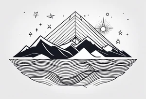 Mountain Massif, one Peak, only peak surrounded woth semi circle dashed Line, in semi circle two littel fine Stars, waves overlapping in Side, Open geometrical Forms Like Diamond with Open lines tattoo idea