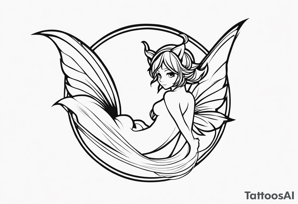 No color fairy with a tail inspired by the logo of the  show called Fairy Tail in a fetal position leaning in and forward while in the air floating and sleeping tattoo idea