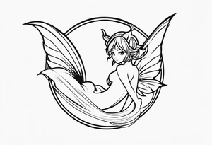 No color fairy with a tail inspired by the logo of the  show called Fairy Tail in a fetal position leaning in and forward while in the air floating and sleeping tattoo idea