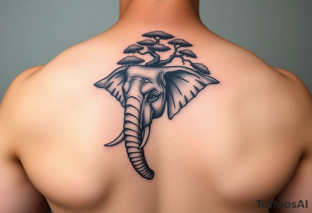 Head of an elephant with bonsai tree behind it Japanese style tattoo idea