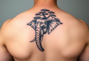 Head of an elephant with bonsai tree behind it Japanese style tattoo idea