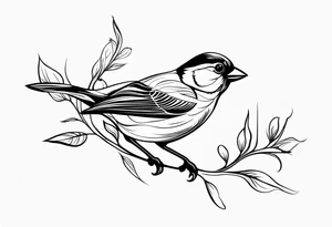 “Generate a simple tattoo design of a finch, showcasing its distinctive shape and a few delicate leaves to enhance the composition.” tattoo idea