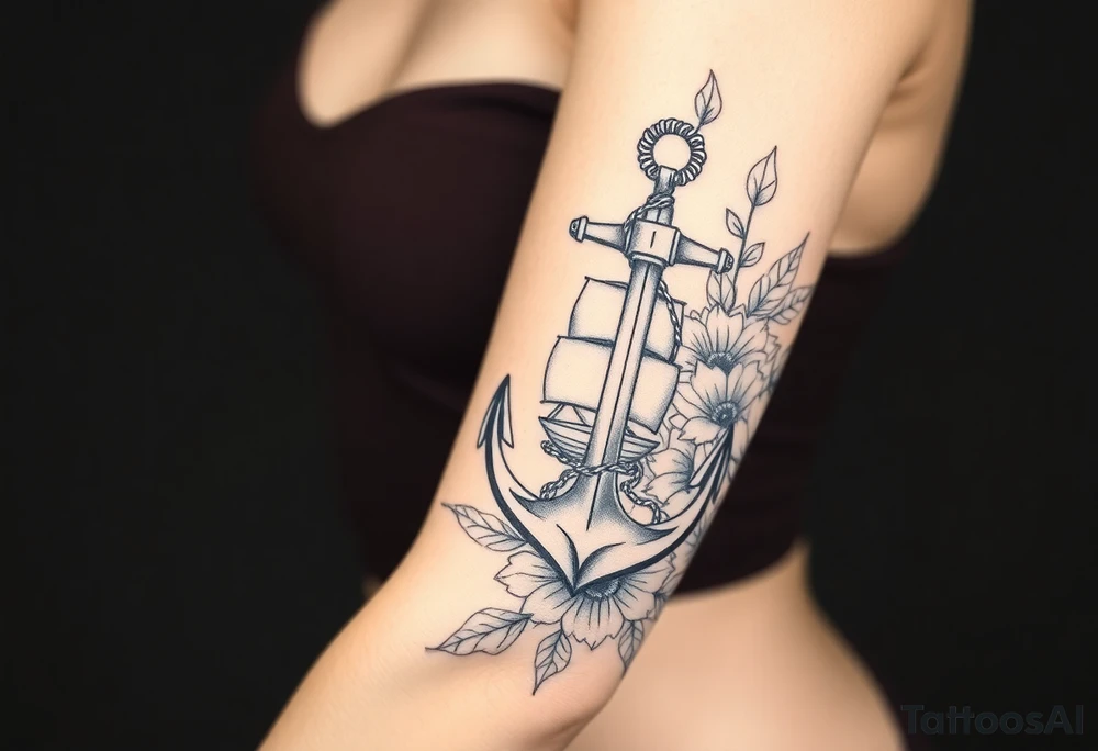 Anchor and ship hidden in floral pattern tattoo idea