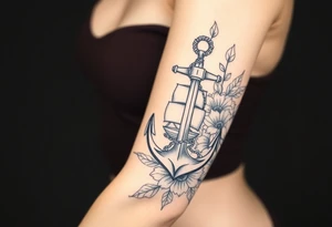 Anchor and ship hidden in floral pattern tattoo idea