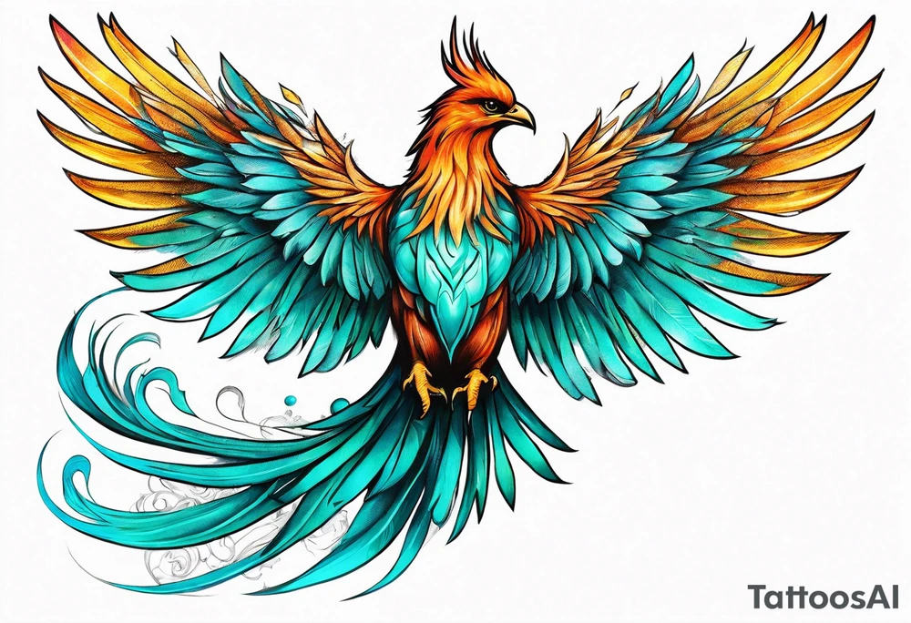 Proud Strong phoenix with turquoise ends of wings tattoo idea