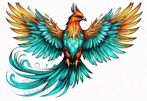 Proud Strong phoenix with turquoise ends of wings tattoo idea