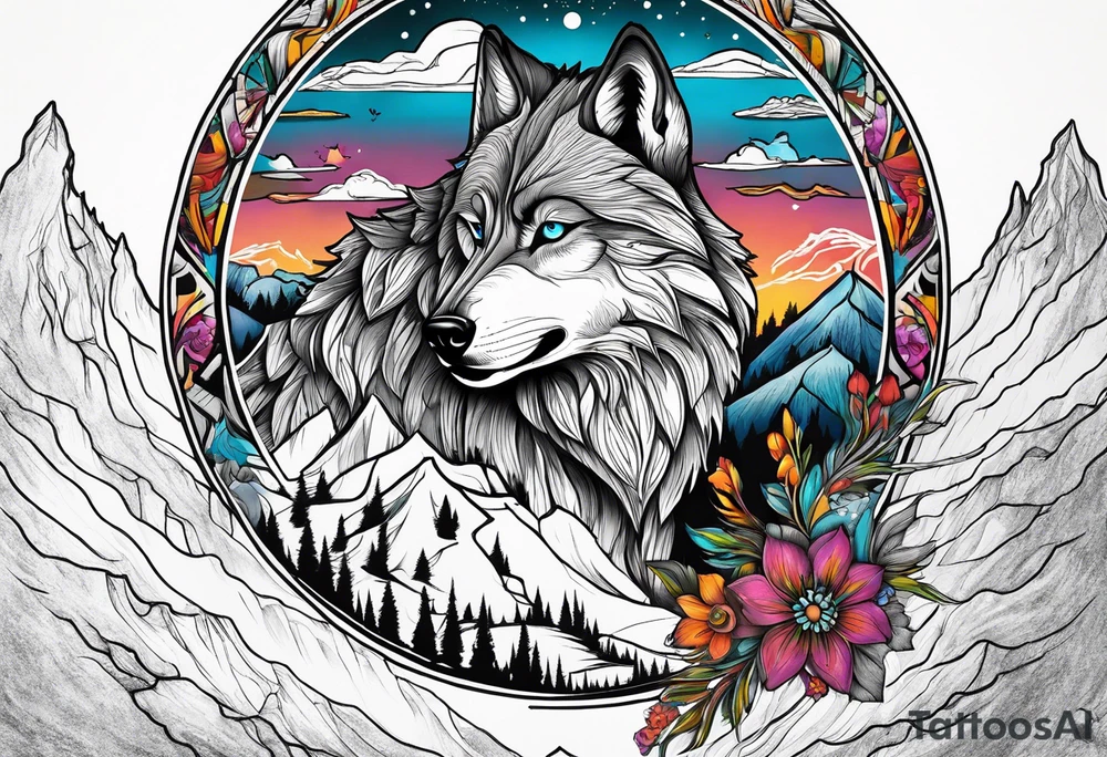 wolf mountain tattoo idea