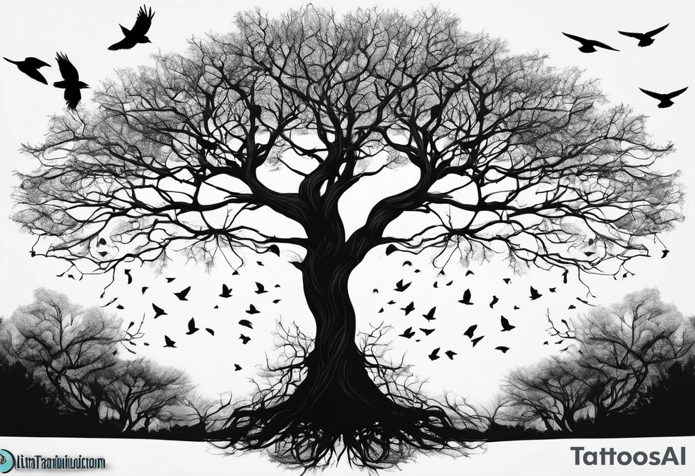 Leafless tree with a mix of birds and black birds flying by it. Make it skinnier tattoo idea