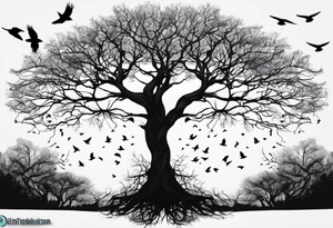 Leafless tree with a mix of birds and black birds flying by it. Make it skinnier tattoo idea