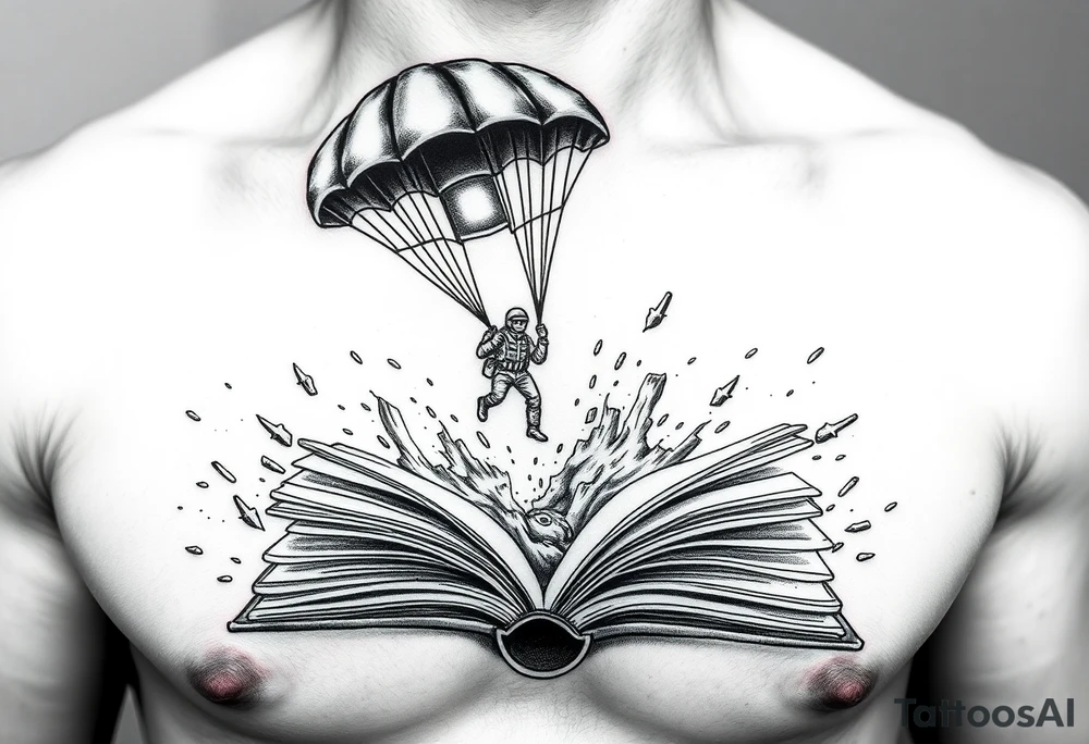 A parachuting soldier landing into an open book. Chaos surrounding, but the book is protecting the soldier from it. On the chest. Make it smaller. Thought provoking tattoo idea