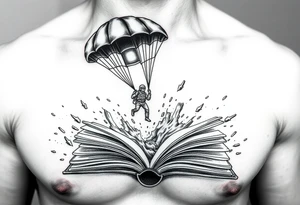 A parachuting soldier landing into an open book. Chaos surrounding, but the book is protecting the soldier from it. On the chest. Make it smaller. Thought provoking tattoo idea