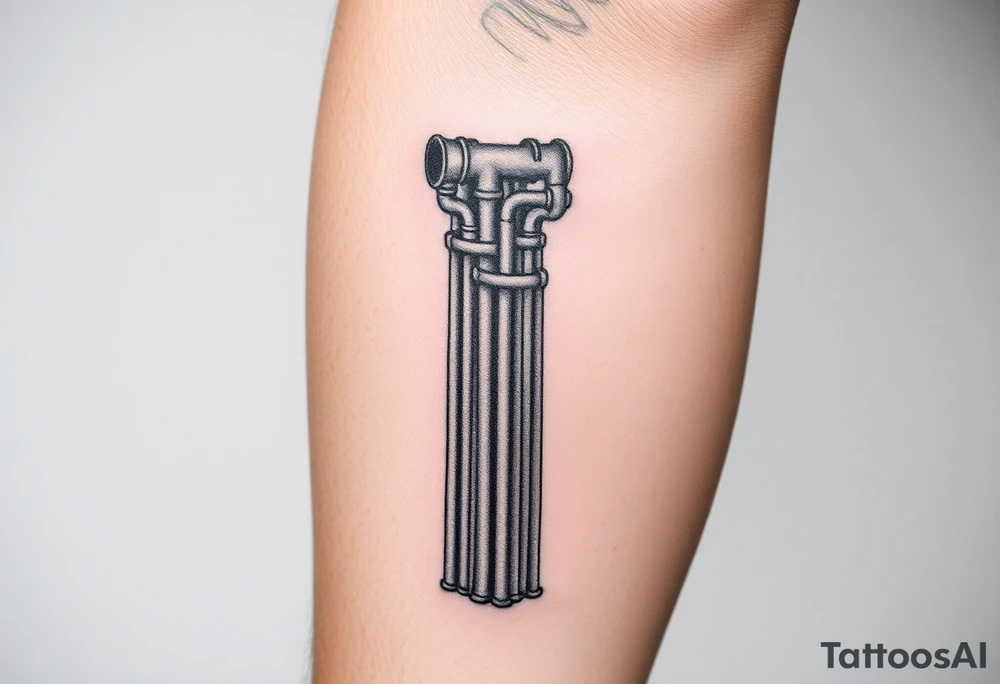 vertical column made of 
system of 100 thin curved plumbing pipes tattoo idea