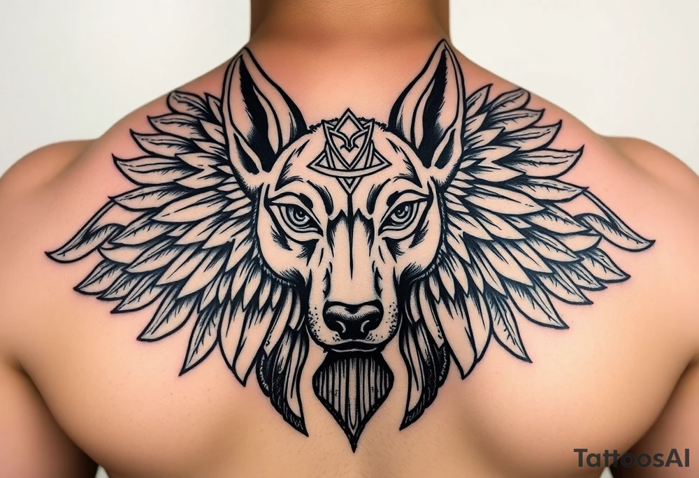 Egyptian Anubis god face muscle in Egypt style dog face surrounded Egyptian symbols tattoo idea