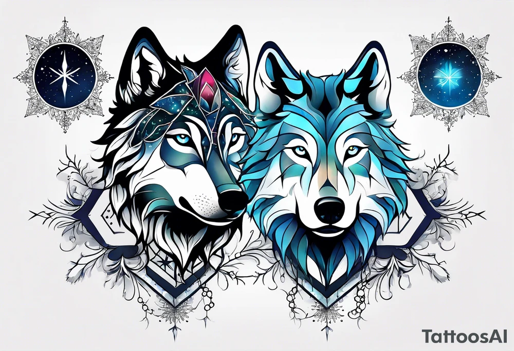 Constellation, two animal wolf, snowflake tattoo idea