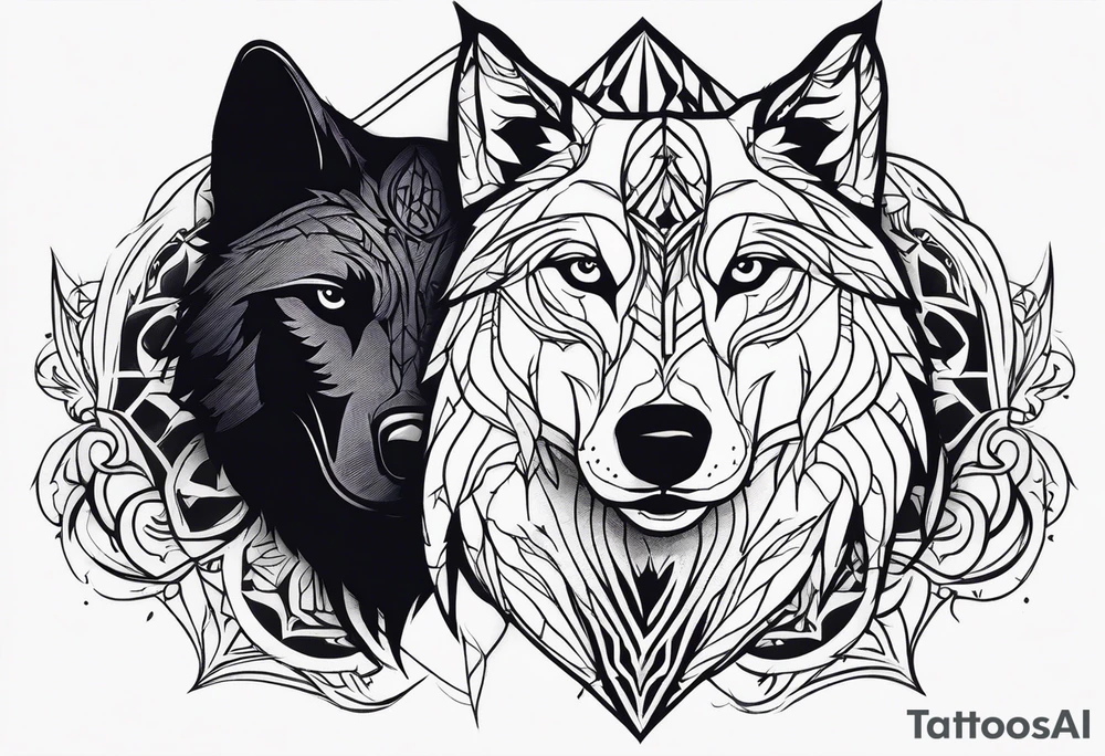 raven and wolf facing the front tattoo idea