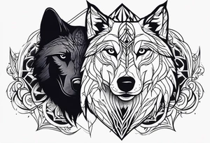 raven and wolf facing the front tattoo idea