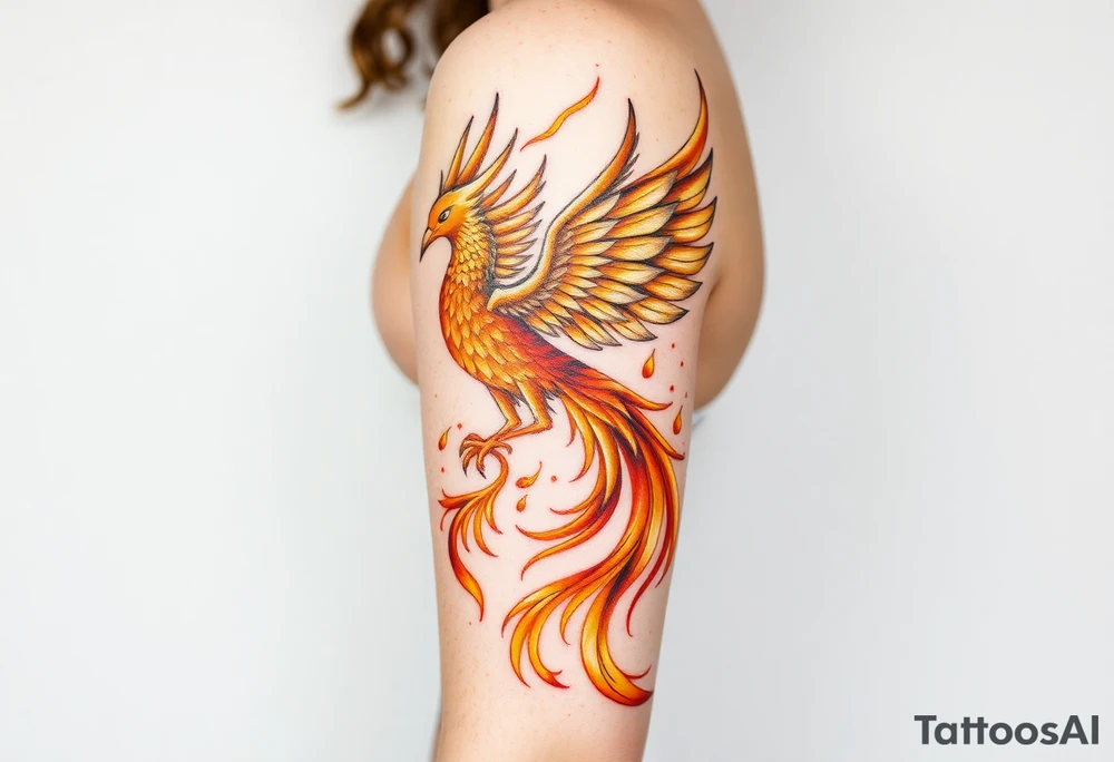 magnificent phoenix rising from golden flames with trailing embers tattoo idea