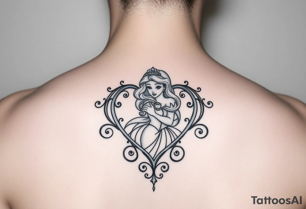 disney sleeping beauty princess in a decorative filigree heart tattoo idea