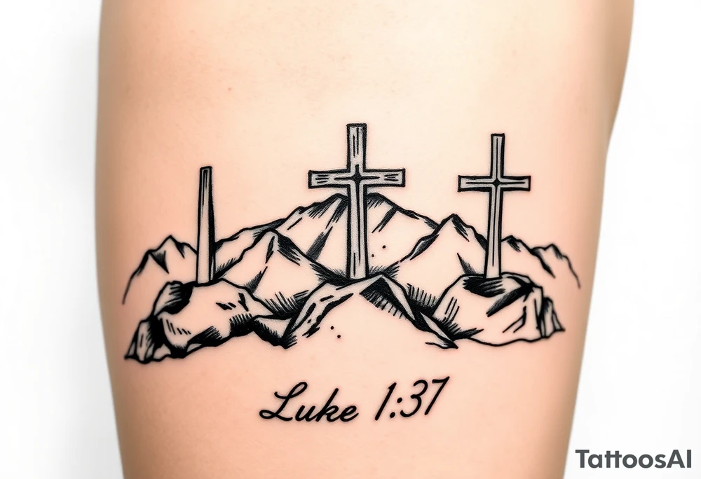 Three catholic crosses on Mountain. With verse Luke 1:37 below it. Put a lot of detail. tattoo idea