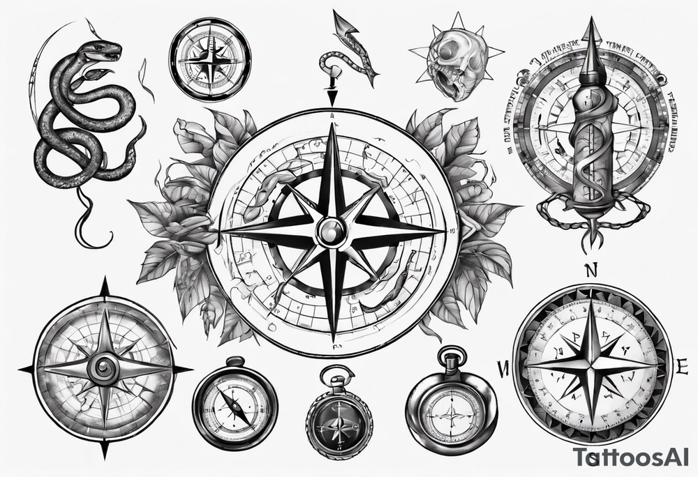Compass tatoo with snake and gemini tattoo idea