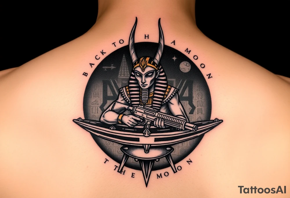 "Anubis in a ufo, holding a tommy gun. . Hieroglyph background spells 'BaCk TO THE MOON'.  

Style: Art Deco meets cyber-Egyptian. Black/red/gold ink. Forearm sleeve." tattoo idea
