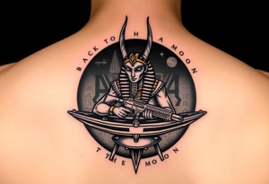 "Anubis in a ufo, holding a tommy gun. . Hieroglyph background spells 'BaCk TO THE MOON'.  

Style: Art Deco meets cyber-Egyptian. Black/red/gold ink. Forearm sleeve." tattoo idea