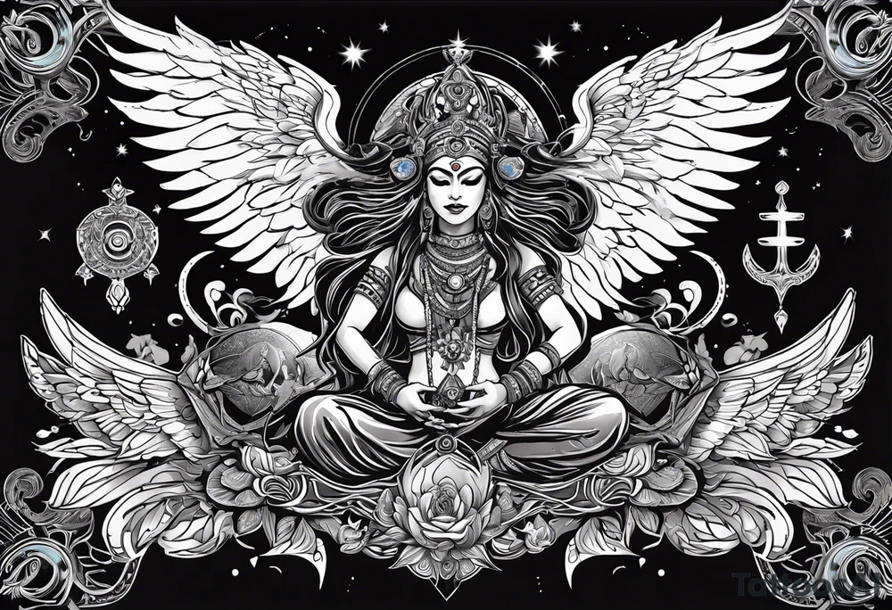 black kali, goddess pirate, alien, angel, pachamama, valkrye, warrior, flying, skull, lotus azul, wing, eagle, zenza resonance, stars, 5D, anahata chakra tattoo idea