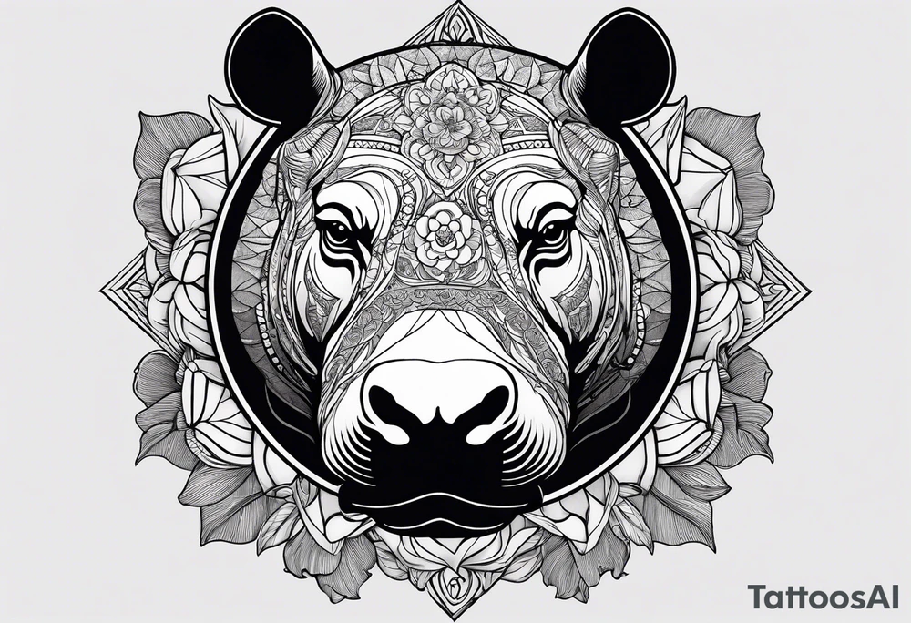 Very asymmetrical, +geometric pattern, with realistic full moon, with seeious looking hippo, +zen feel, + Buddhism touch,
with wintersweet flower bud, +portrait orientation, +inkart touch, tattoo idea