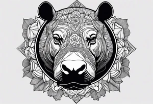 Very asymmetrical, +geometric pattern, with realistic full moon, with seeious looking hippo, +zen feel, + Buddhism touch,
with wintersweet flower bud, +portrait orientation, +inkart touch, tattoo idea