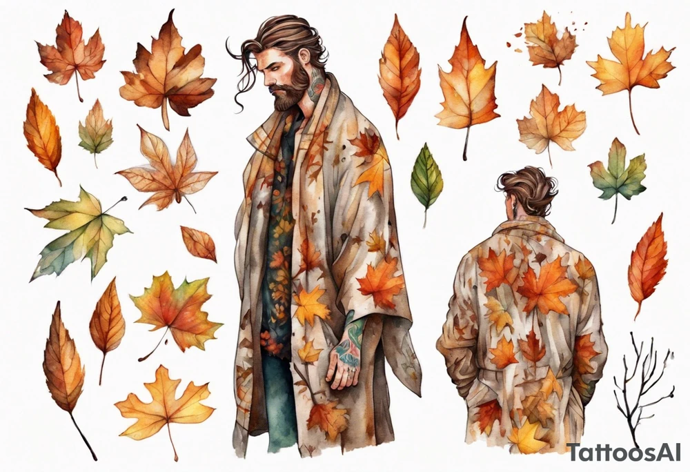 A tall, beautiful man with autumn leaves for hair, skin like birch bark, and a floral robe. tattoo idea
