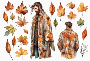 A tall, beautiful man with autumn leaves for hair, skin like birch bark, and a floral robe. tattoo idea