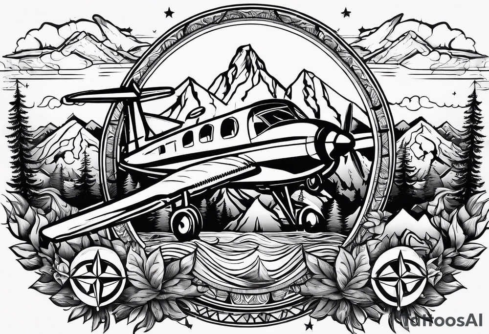 The word "HARK" as a banner with a mountain, compass and an airplane tattoo idea