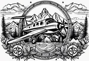 The word "HARK" as a banner with a mountain, compass and an airplane tattoo idea
