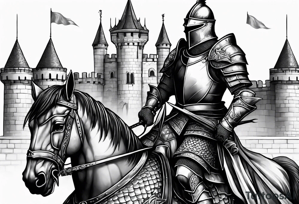 knight in armor full body with castle in background and dragon tattoo idea