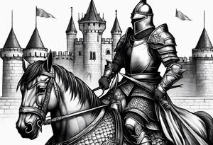 knight in armor full body with castle in background and dragon tattoo idea