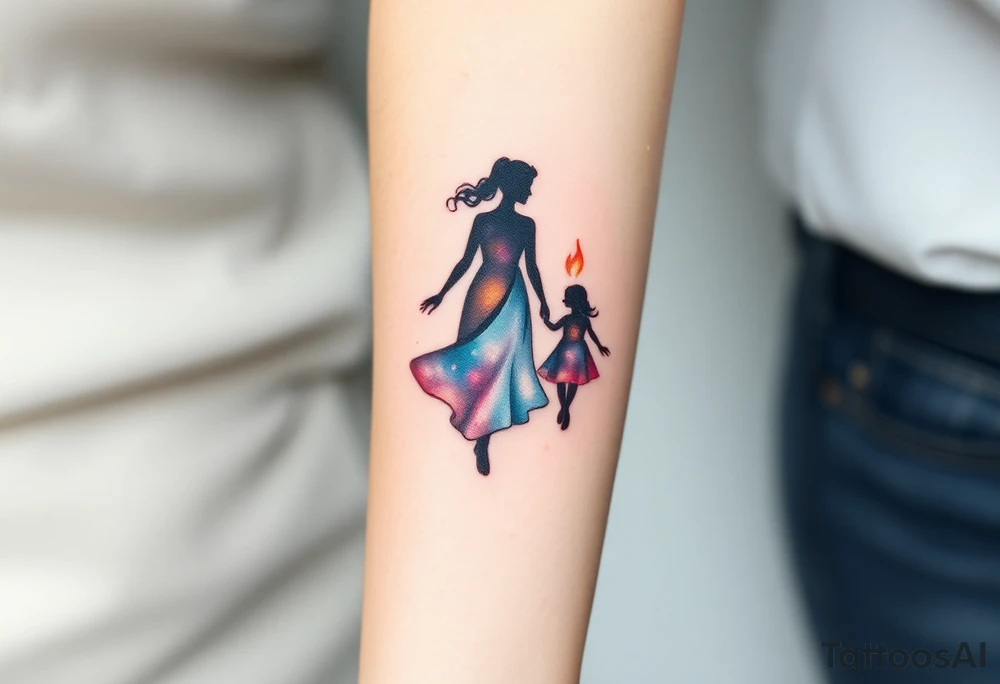 Silhouette of a mother passing 2 flames to two daughters tattoo idea