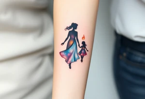 Silhouette of a mother passing 2 flames to two daughters tattoo idea