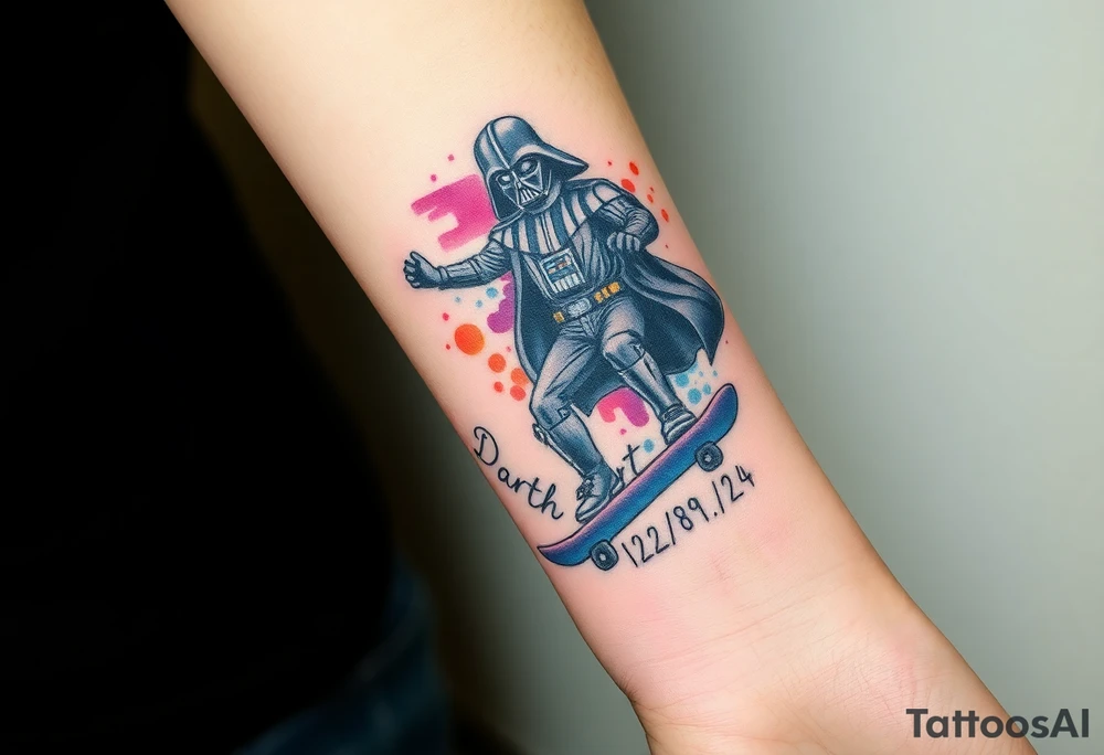 Darth Vader skateboarding > bullets > in loving memory > colors
add words "Darth Carter" to skateboard
add date 12/29/88-01/06/24 tattoo idea