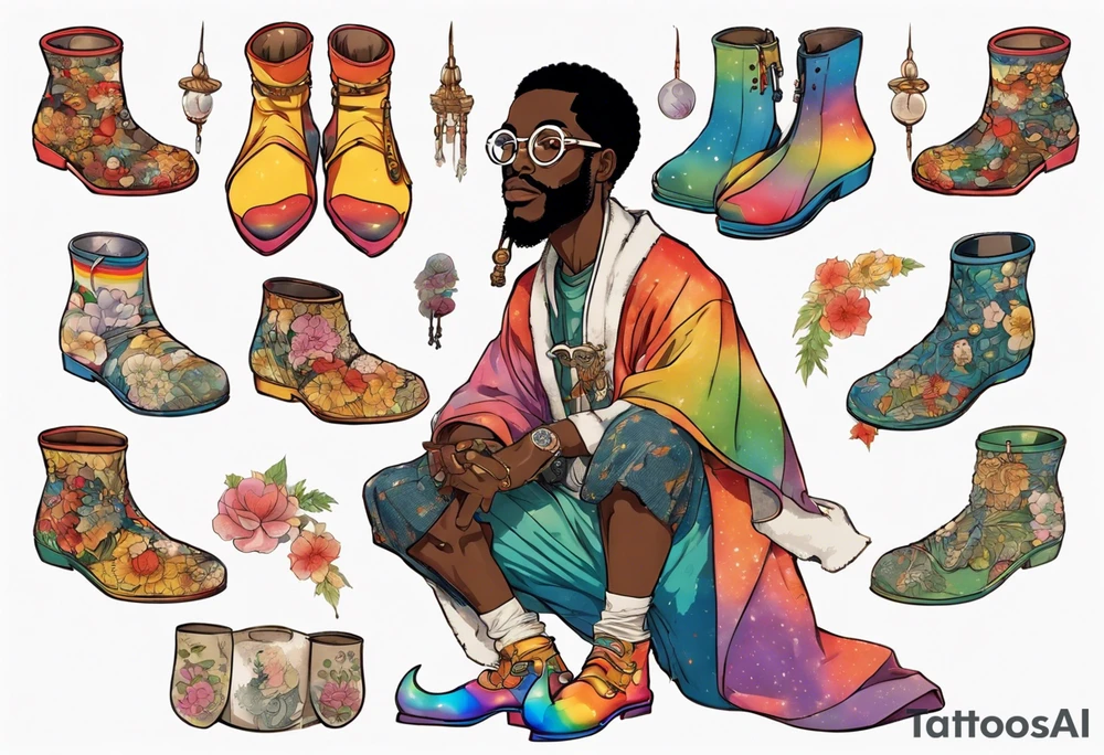 a medieval black man wearing round glasses, wearing rainbow boots, wearing a tunic tattoo idea