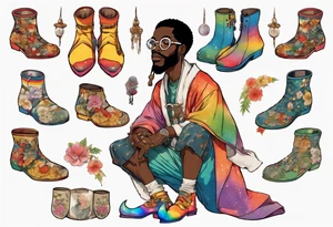 a medieval black man wearing round glasses, wearing rainbow boots, wearing a tunic tattoo idea