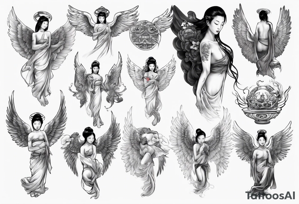 Asian angel on a balcony tattoo idea