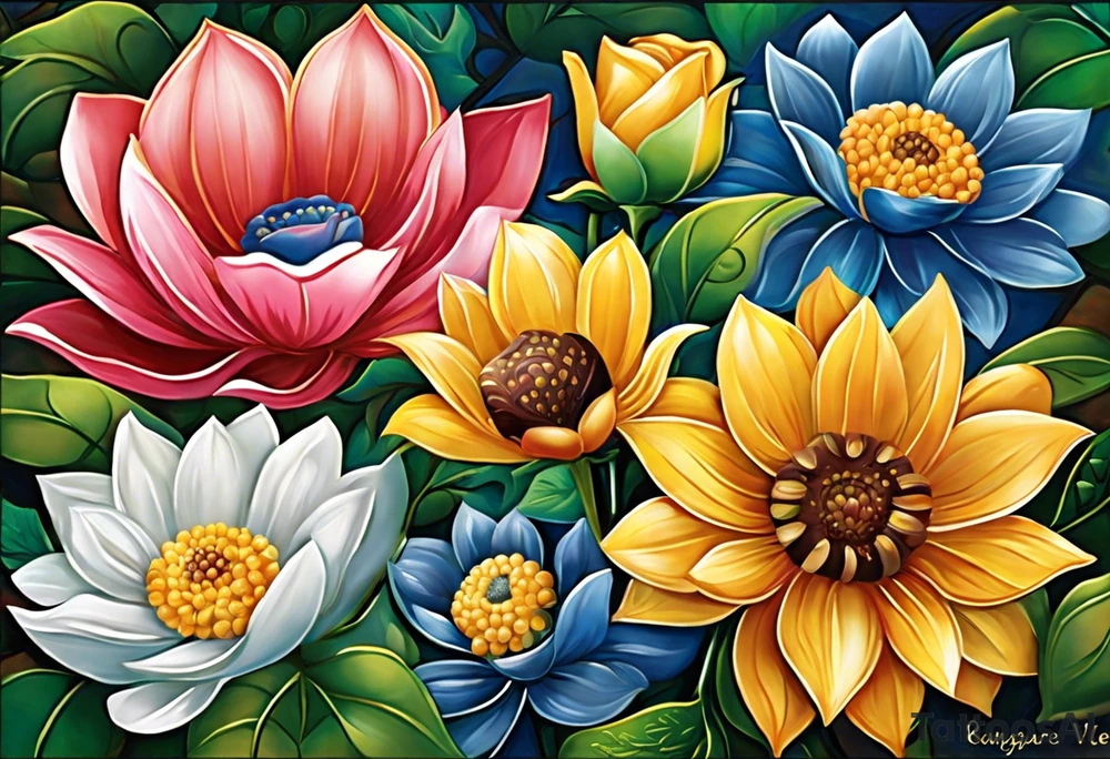 - Three flowers: Choose three different flowers to represent each of your children - a rose for Aniya, a sunflower for Amari, and a lotus for Ameer.
- Vines and leaves: Include intertwining vines and leaves to symbolize the growth and connection of your family. Arrange them so that Aniya's vine starts at the bottom, Amari's vine intertwines in the middle, and Ameer's vine wraps around the top.
- Birth times: Use roman numerals to represent the birth times of your children - "IV:LVII" (4:57 am), "VI:LII" (6:51 am), and "V:XXXIII" (5:33 am). Place them near the corresponding flower or within the vines. tattoo idea