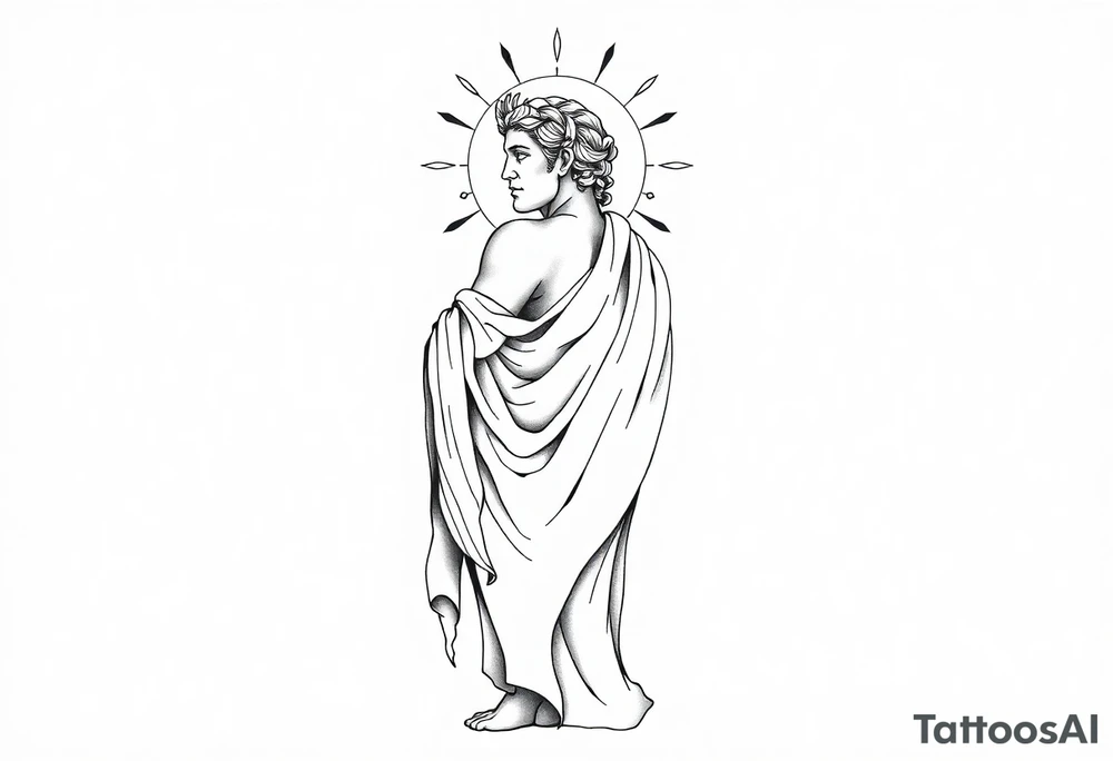 Tattoo design, vertical full sleeve composition, black and grey fine line linework style. Full figure of Apollo, Greek god of light, depicted in classical marble statue style, wearing flowing ancient drapery cloth. Calm powerful stance, balanced proportions, serene expression. Radiant sun halo behind the head with geometric rays. Subtle sacred geometry and orbital cosmic elements surrounding the figure. Laurel wreath symbolism integrated. Light energy lines and minimal abstract flow shapes. Clean composition, elegant, not overcrowded. Include the quote in fine serif lettering: “Do. Or do not. There is no try.” Tattoo stencil design, white background, no dark horror elements, no wings, professional tattoo flash. tattoo idea